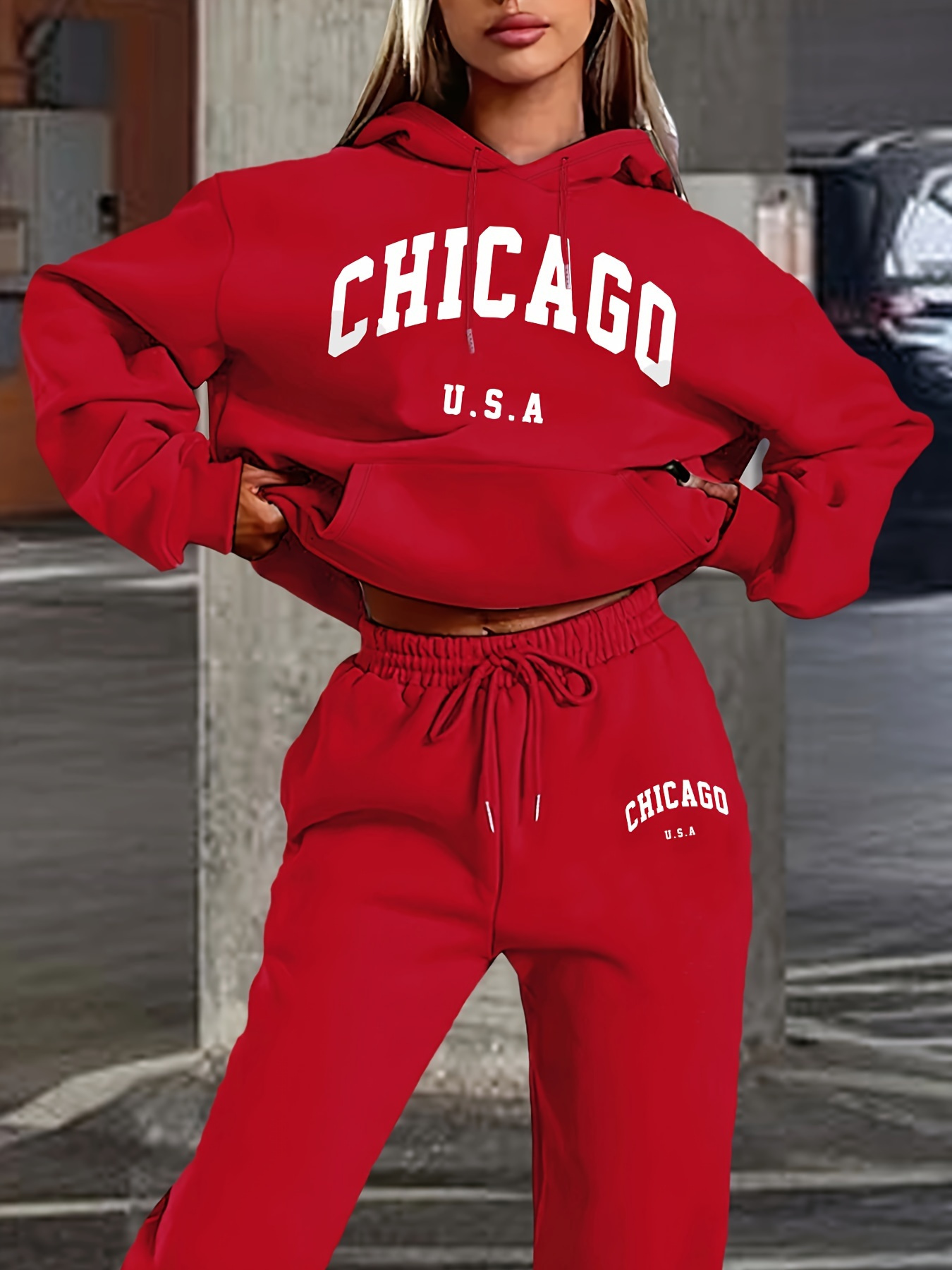 Street Fashion Chicago - 여성용 가을/겨울 후드티+스포츠 바지 세트 스트리트