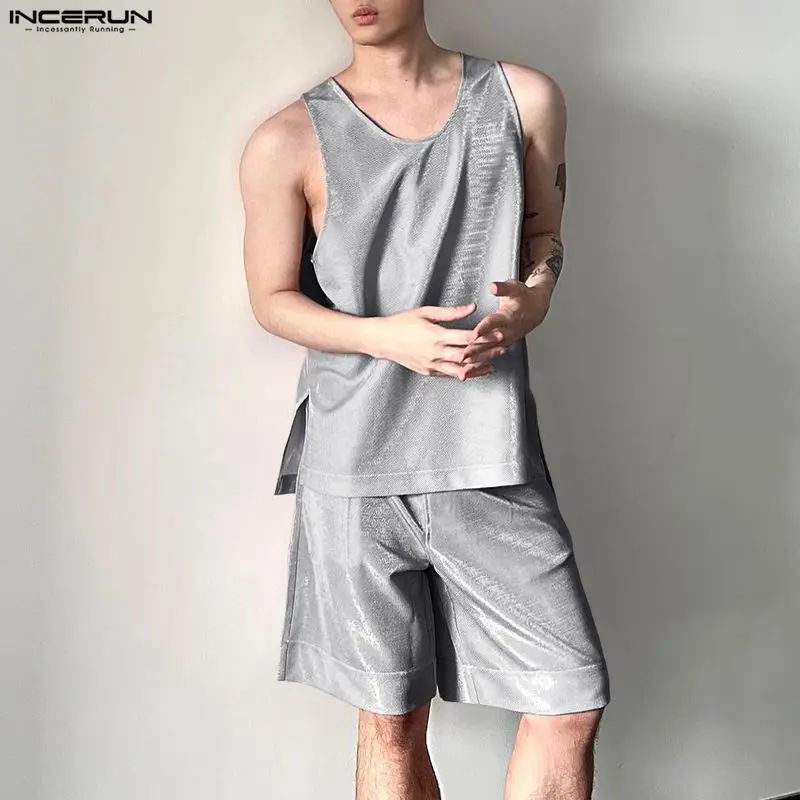 Fashion Streetwear - INCERUN 남성 세트 반짝 이는 솔리드
