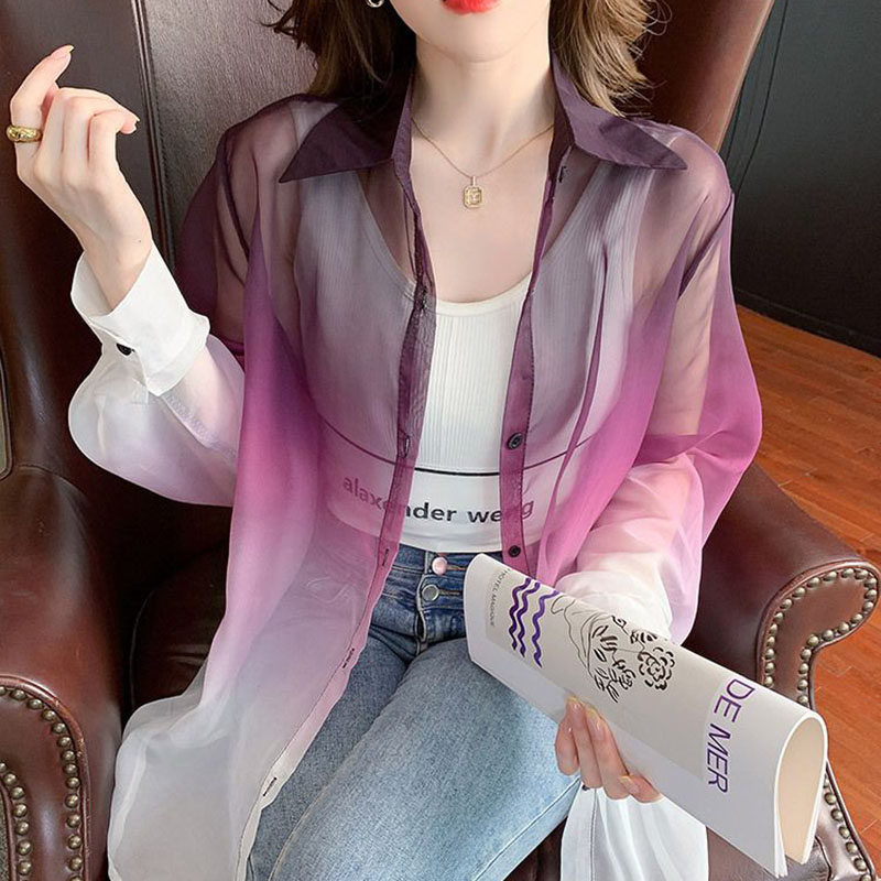 Street Fashion Korea - 패션 그라디언트 색상 쉬폰 셔츠 여성