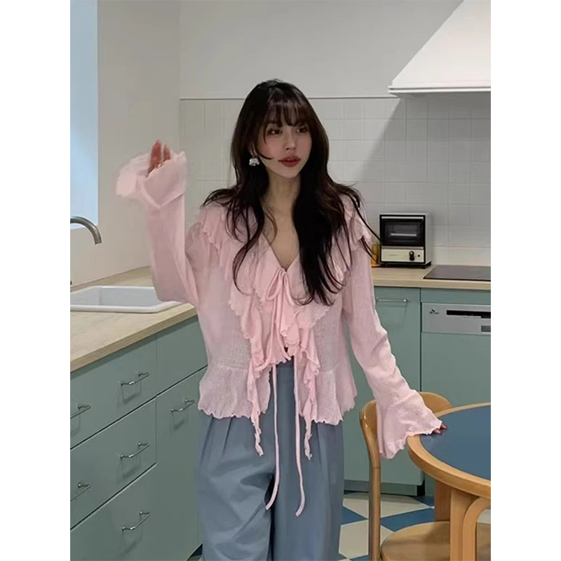 MEXZT 자른 흰색 셔츠 여성 패션 프릴 붕대 핑크  - Street Fashion Korea 리뷰 및 가격