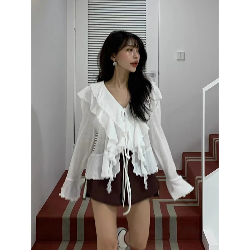 MEXZT 자른 흰색 셔츠 여성 패션 프릴 붕대 핑크  - Street Fashion Korea 리뷰 및 가격