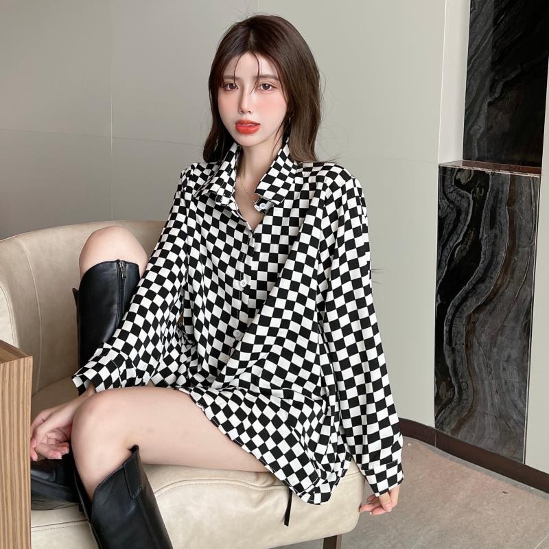 폴로넥 체크 버튼 루즈핏 하이 스트리트 셔츠 탑 봄 가 - Street Fashion Korea 리뷰 및 가격