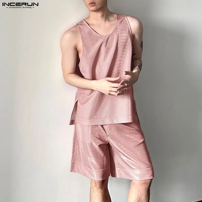 INCERUN 남성 세트 반짝 이는 솔리드 오 넥 민소 - Fashion Streetwear 리뷰 및 가격