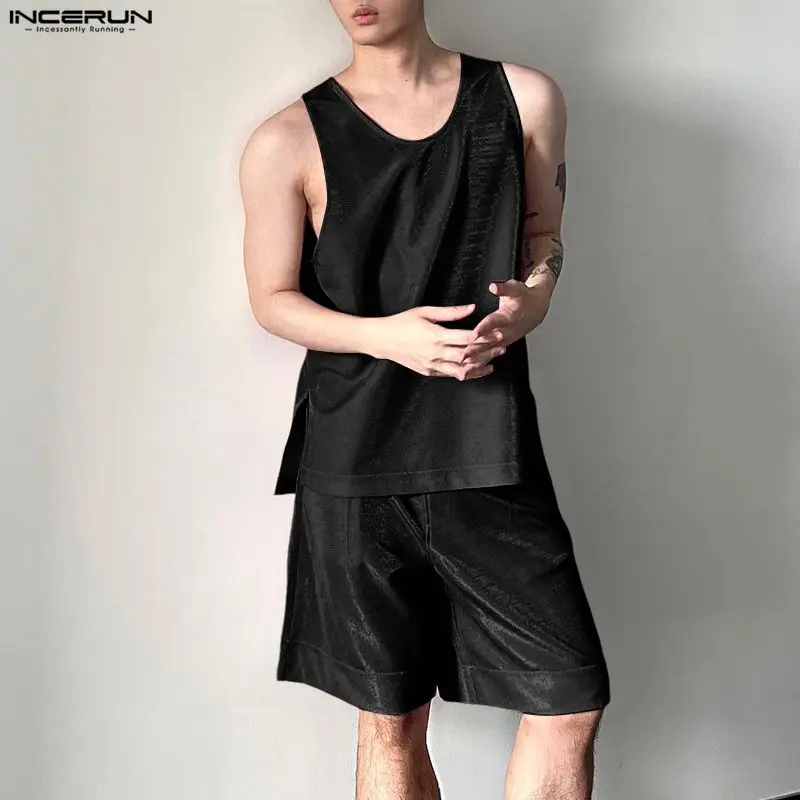 INCERUN 남성 세트 반짝 이는 솔리드 오 넥 민소 - Fashion Streetwear 리뷰 및 가격