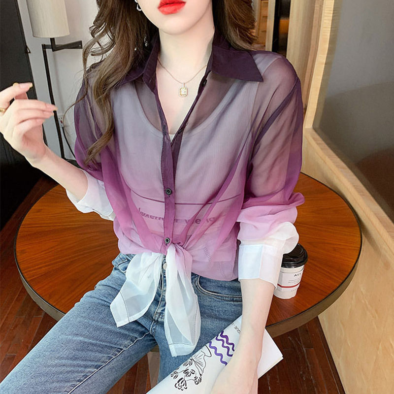 패션 그라디언트 색상 쉬폰 셔츠 여성 여름 넥타이 염료 - Street Fashion Korea 리뷰 및 가격
