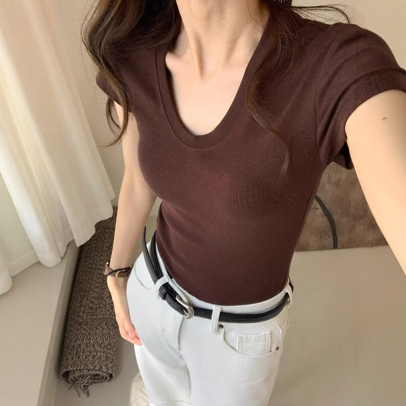 U 넥 어깨 짧은 소매 티셔츠 여성 여름 슬림 피팅 우 - Fashion Streetwear 리뷰 및 가격