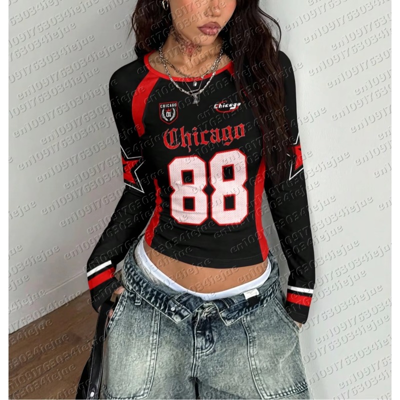 MOTO 편안한 라글란 슬리브 티셔츠 시카고 숫자 및  - Street Fashion Chicago 리뷰 및 가격